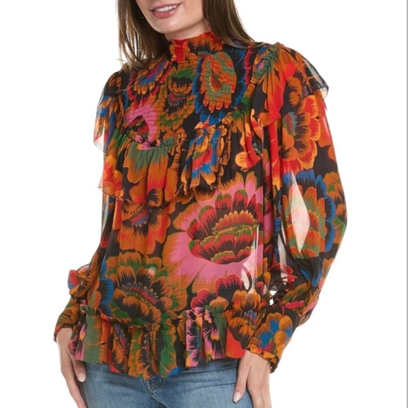 FARM RIO Flowers Smocked Ruffle Detail Floral Blouse Size S - Picture 12 of 12